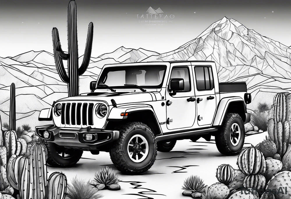 A dessert mountain with a jeep gladiator beside a cactus and a donkey tattoo idea