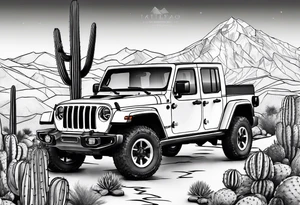 A dessert mountain with a jeep gladiator beside a cactus and a donkey tattoo idea