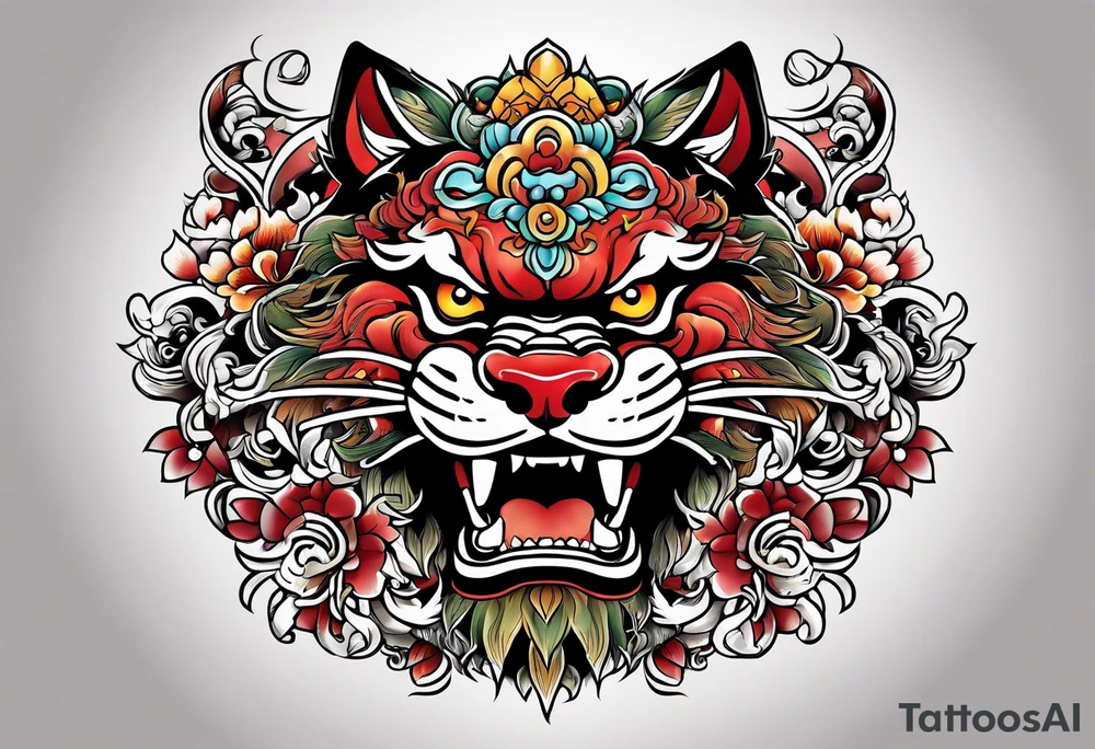 Okinawa style shisa dogs, chest/pecs, Yakuza style tattoo idea