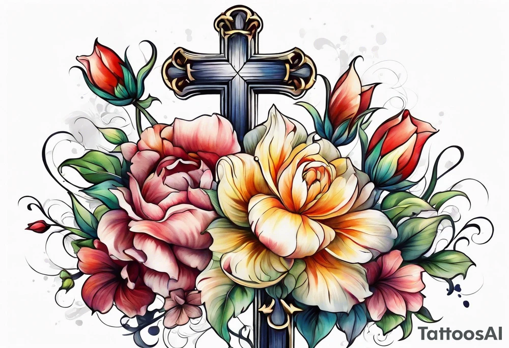 Flowers around a cross tattoo idea