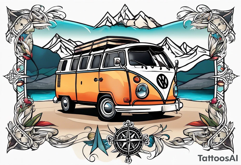 directional Compass rose, mountains and VW Komi campervan tattoo idea