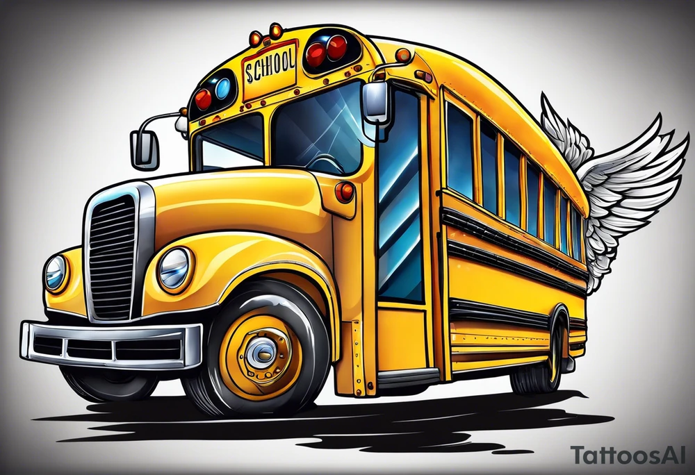 animated school bus with wings tattoo idea