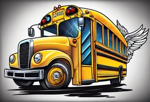 animated school bus with wings tattoo idea