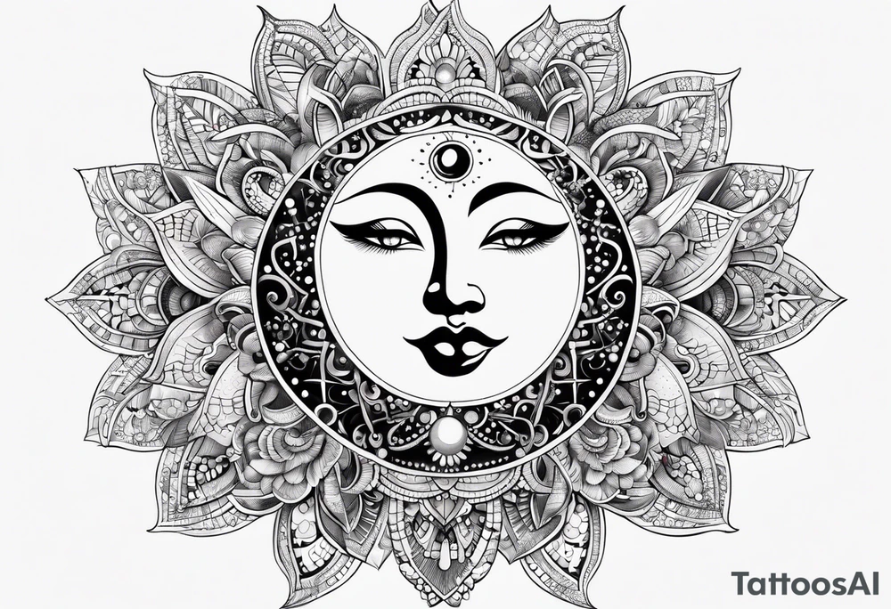 Feminine Sun and moon. long rectangular sternum swirls with dots and stars tattoo idea