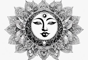Feminine Sun and moon. long rectangular sternum swirls with dots and stars tattoo idea