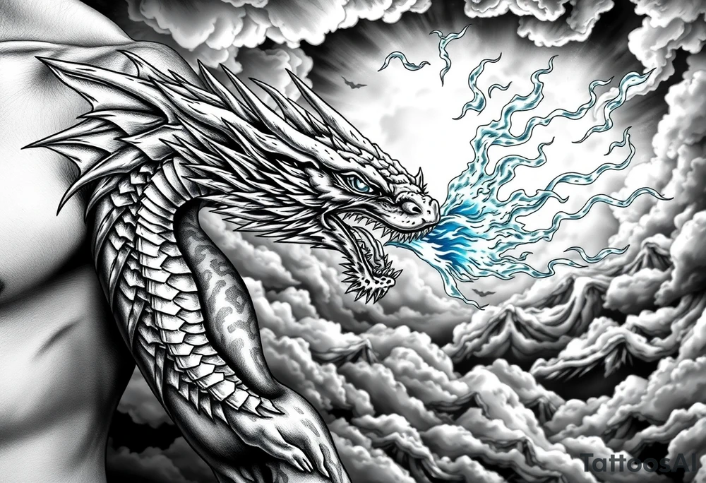 fierce dragon breathing iridescent fire against stormy skies tattoo idea