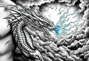 fierce dragon breathing iridescent fire against stormy skies tattoo idea