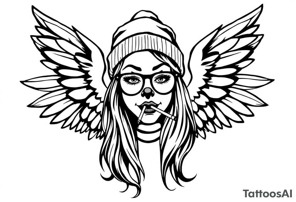 beautiful long hair pin up Clown face Girl payasa  thug beanie eyeglasses  angelic wings smoking a cigarette tattoo idea