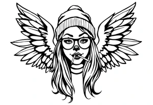 beautiful long hair pin up Clown face Girl payasa  thug beanie eyeglasses  angelic wings smoking a cigarette tattoo idea