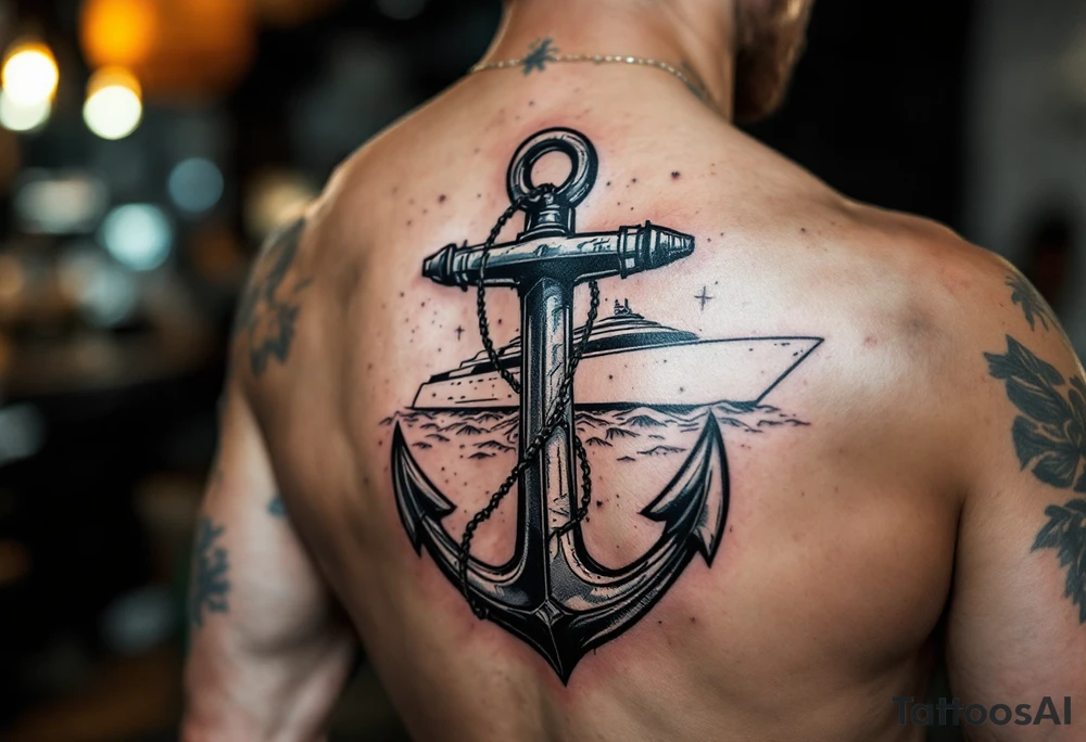 bold man with anchor and yacht
put on arm tattoo idea