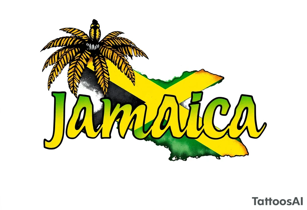 an image that represent jamaican daily island life with the words jamaica in the jamaican flag colors tattoo idea