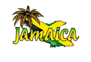 an image that represent jamaican daily island life with the words jamaica in the jamaican flag colors tattoo idea