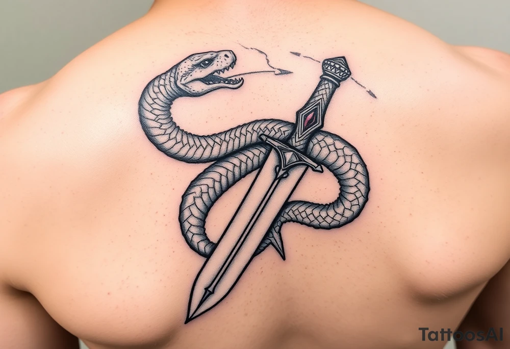 mystical snake coiled around an ancient dagger with jeweled hilt tattoo idea