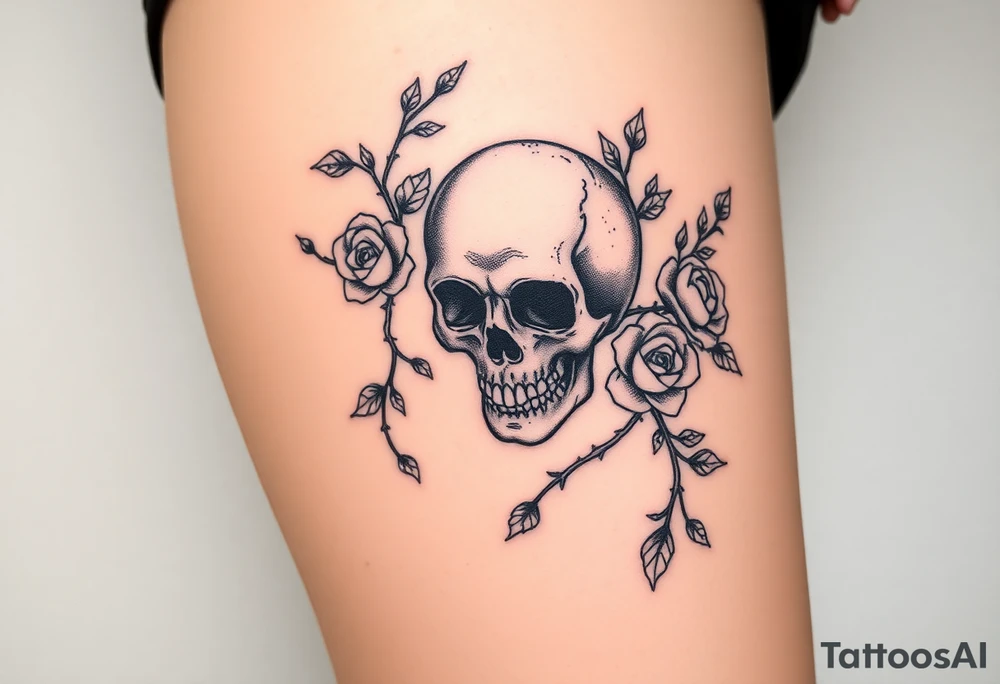 gothic skull intertwined with climbing roses and thorny vines tattoo idea