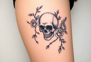 gothic skull intertwined with climbing roses and thorny vines tattoo idea