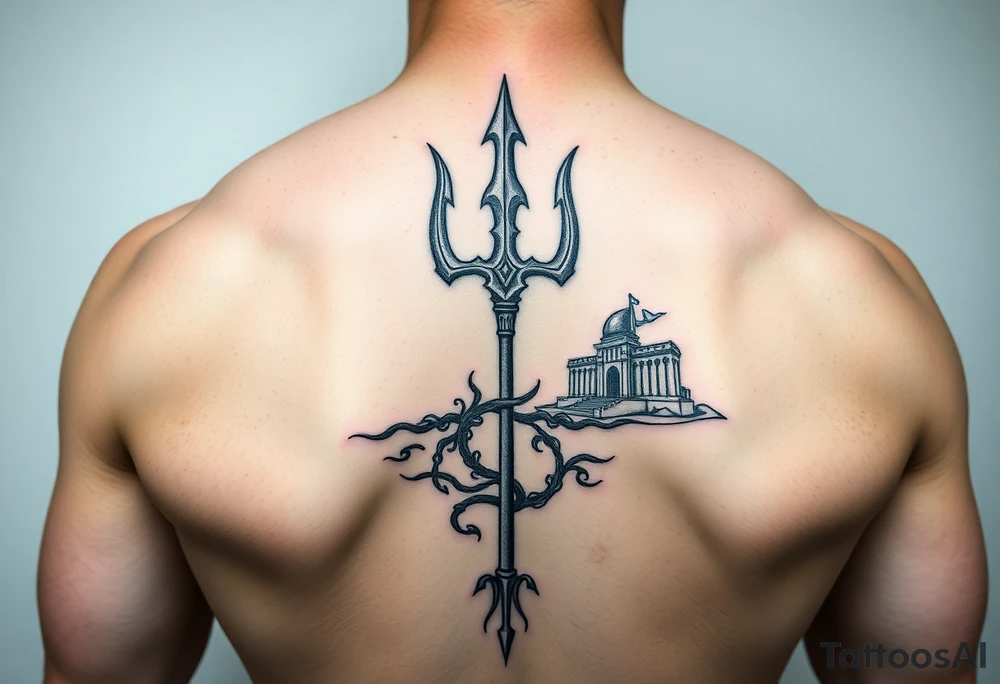 trident on arm with Atlantis background tattoo idea