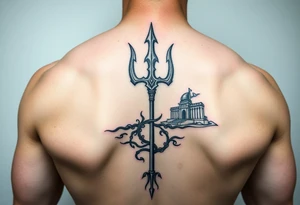 trident on arm with Atlantis background tattoo idea