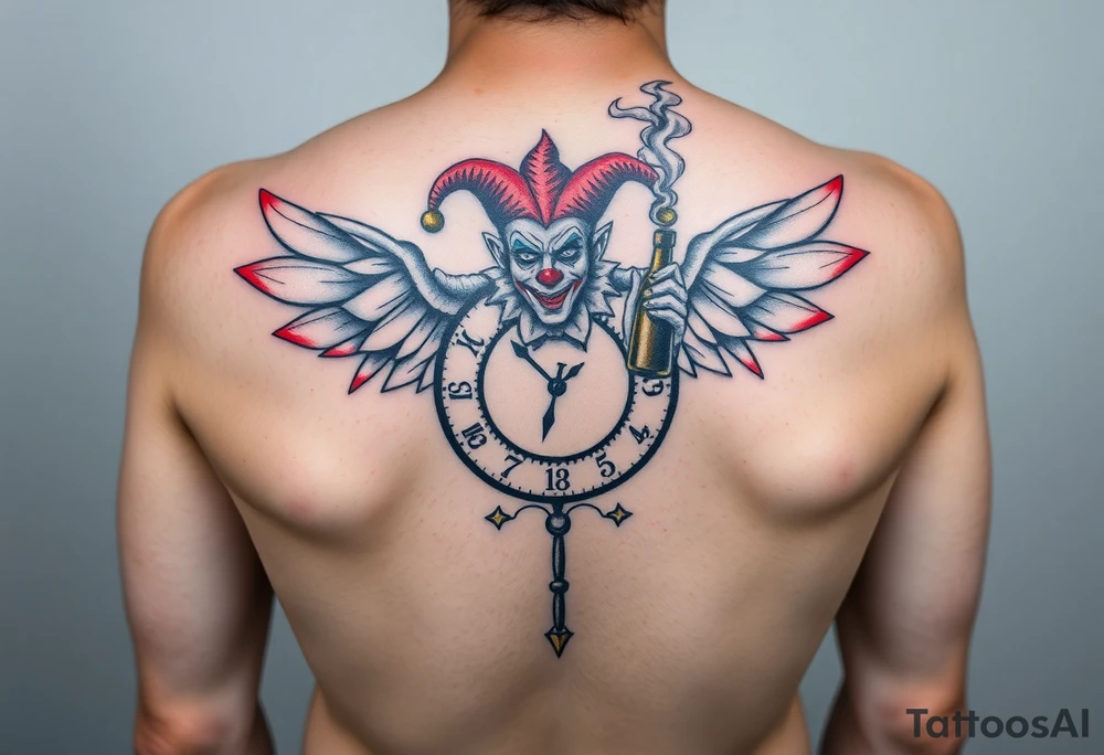 a jester clown floating in smoke with a  clock, the time says 420,  with two open wings besides the clock, smoke as the spring rising from the clock, a jester clown coming out the smoke, smoking in one hand with a liquor bottle on the other hand tattoo idea