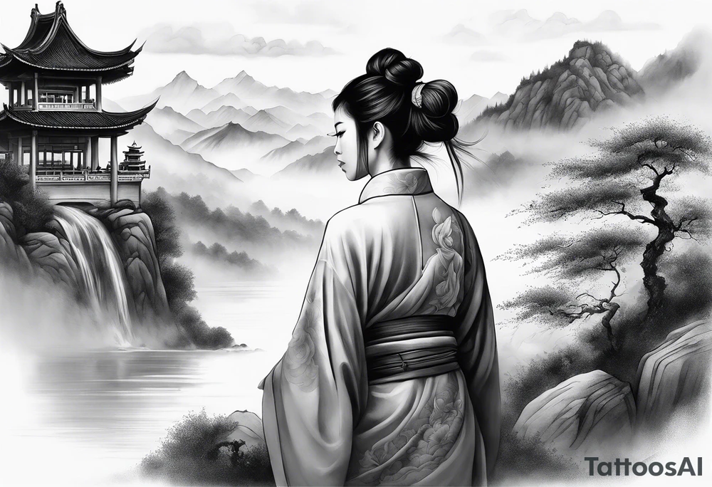 forearm sleeve traditional chinese art painting style autumn mountains mist fog water Chinese temple female with pony tail wearing robes meditating in the distance tattoo idea