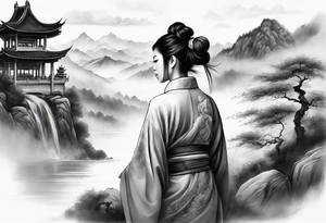 forearm sleeve traditional chinese art painting style autumn mountains mist fog water Chinese temple female with pony tail wearing robes meditating in the distance tattoo idea