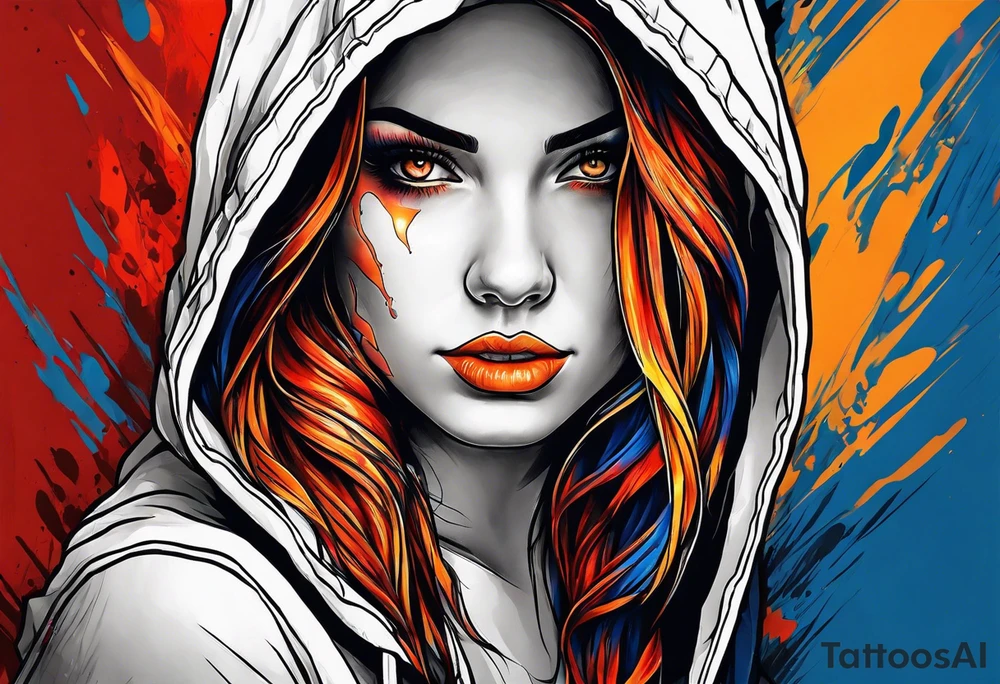 Orange yellow red blue hooded woman blood scars tattoo idea
