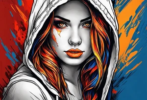 Orange yellow red blue hooded woman blood scars tattoo idea