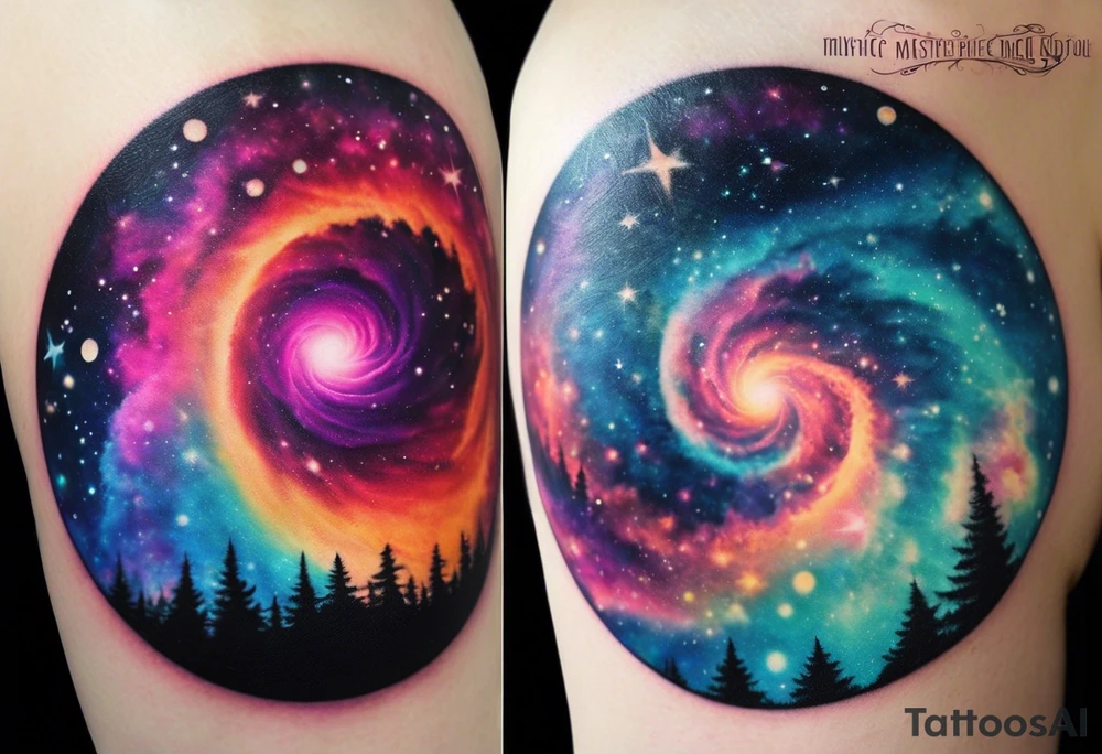 I want a spiral nebula space galaxy tattoo that's colorful and bright and cute and is nice to look at I don't want a traditional circle I want it like the ones thay look like an s shape and this tattoo will be on my left buttcheek and light colors I want more spread and less circle tattoo idea