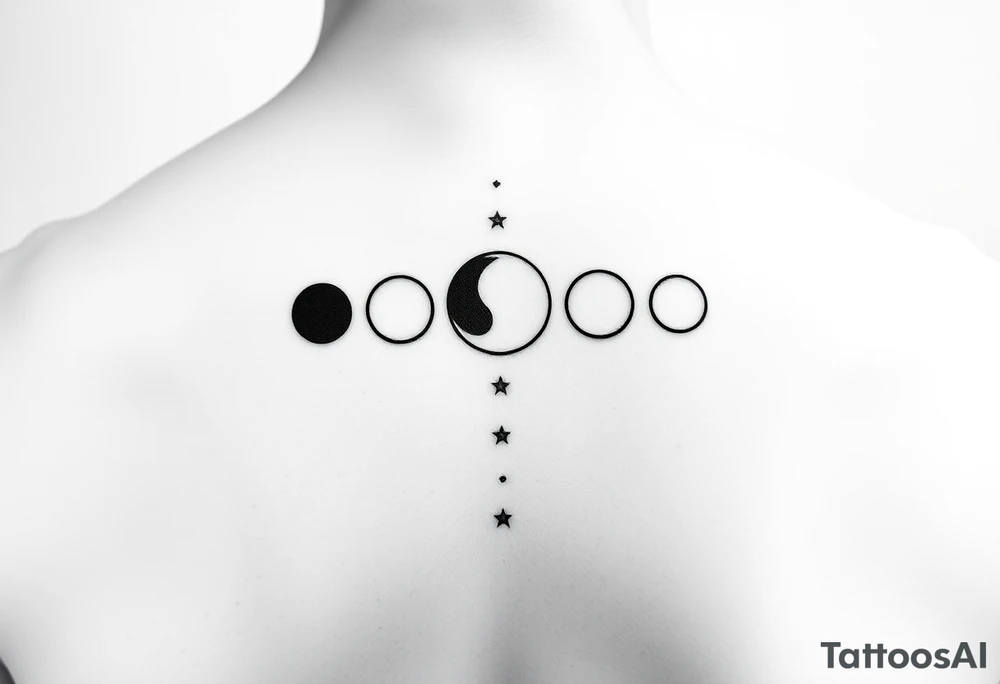 5 moon phases going vertical in this order waxing crescent, third quarter phase, full moon, first quarter phase, third quarter phase with the Capricorn constellation without connecting lines just the stars behind it tattoo idea