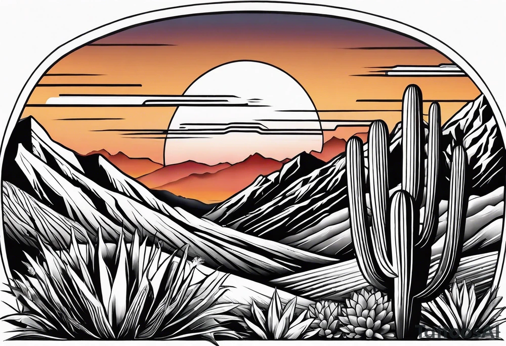 Forearm, cactus, sunset, mountain tattoo idea