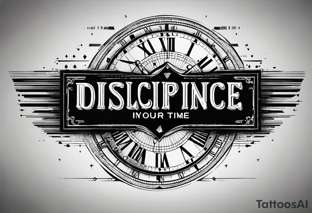 a bold text saying Discipline in the center of the screen with small other texts like "get out of your mind" and "your time is limited " and " be yourself"  also add geometric lines to it tattoo idea