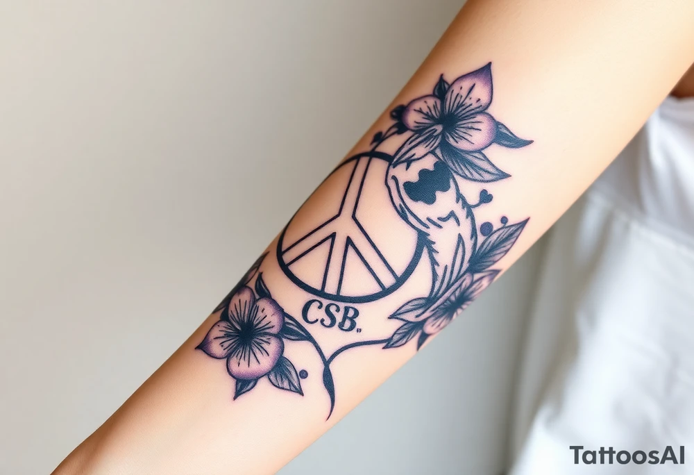 peace symbol, dog prints, Pisces symbol, intertwined with violets, amethyst, initials csb in cursive font tattoo idea
