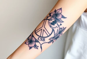 peace symbol, dog prints, Pisces symbol, intertwined with violets, amethyst, initials csb in cursive font tattoo idea