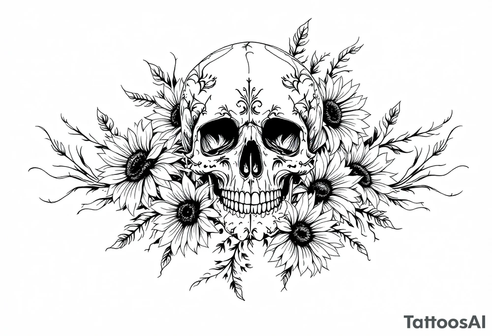 ornate skull adorned with wild roses and sunflowers tattoo idea
