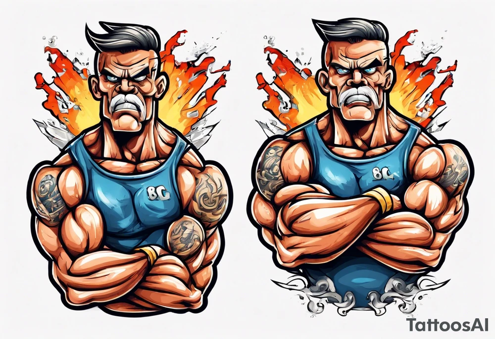 Make the SHIP8 INC. wording with aggressive eyes and flexing big muscles like a bodybuilder. tattoo idea