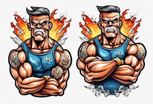 Make the SHIP8 INC. wording with aggressive eyes and flexing big muscles like a bodybuilder. tattoo idea