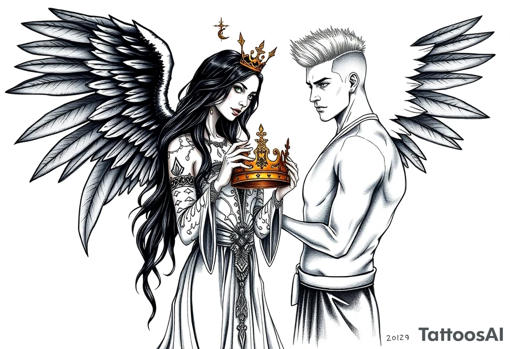 A Scorpio gypsy woman with wings like an angel and long black hair and green eyes holding a kings crown in her hands putting it on a tall man with silver short faux hawk hair and blue eyes. She is wearing a long flowing dress tattoo idea