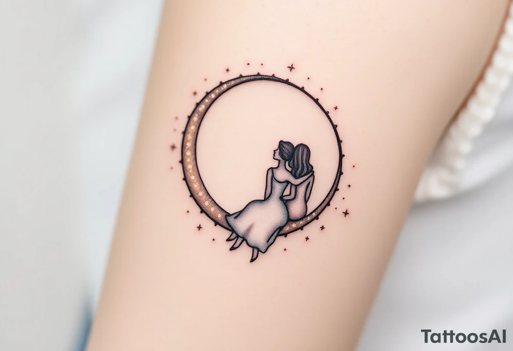 A crescent moon with a couple sitting together, wrapped in a starry sky. The moon is softly glowing with shades of silver and pale gold, with intricate dotwork creating a shimmering effect. Surrounding the moon, tiny stars twinkle in varying shades of soft blue, white, and silver, adding depth and magic to the design. The couple is outlined in minimalistic line work, with gentle shading to create a serene and intimate atmosphere. tattoo idea