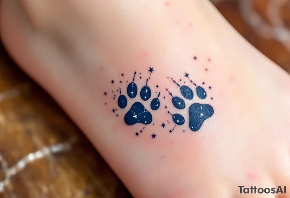 Constellation Paw Prints – Star-like dots connected in the shape of cat paws, done in midnight blue and white ink, mapping your celestial bond. tattoo idea
