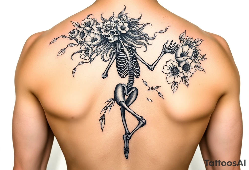 Feminine dancing skeleton with floral flowing hair tattoo idea