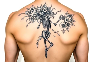 Feminine dancing skeleton with floral flowing hair tattoo idea