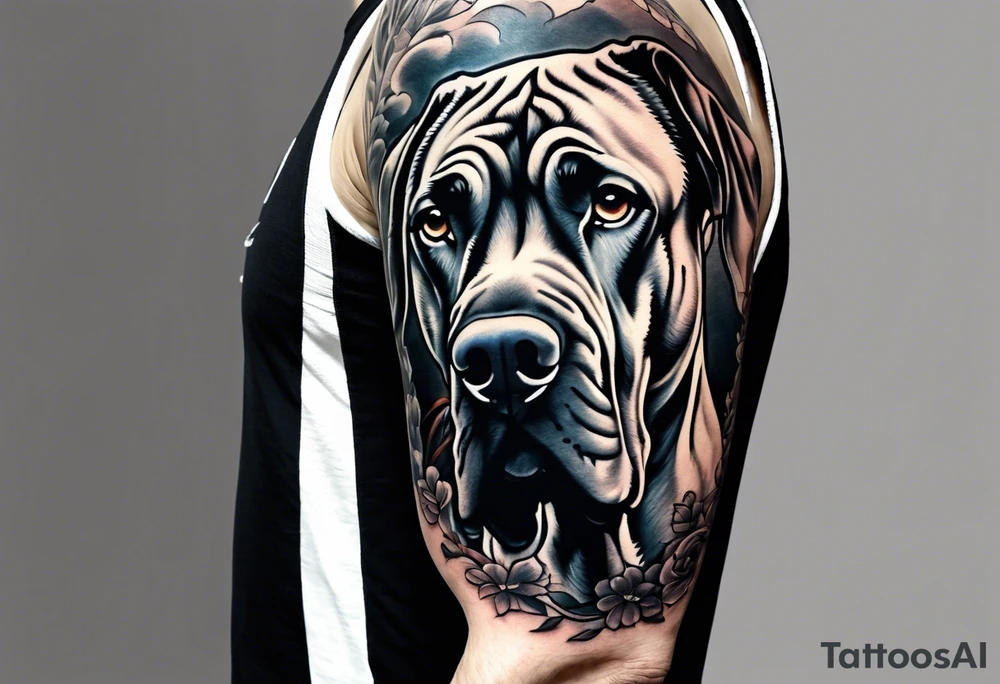 Arm sleeve for man-  with floppy ear Great Dane standing fiercely chest up with outdoors fill work around it tattoo idea