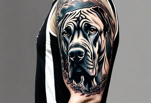 Arm sleeve for man-  with floppy ear Great Dane standing fiercely chest up with outdoors fill work around it tattoo idea