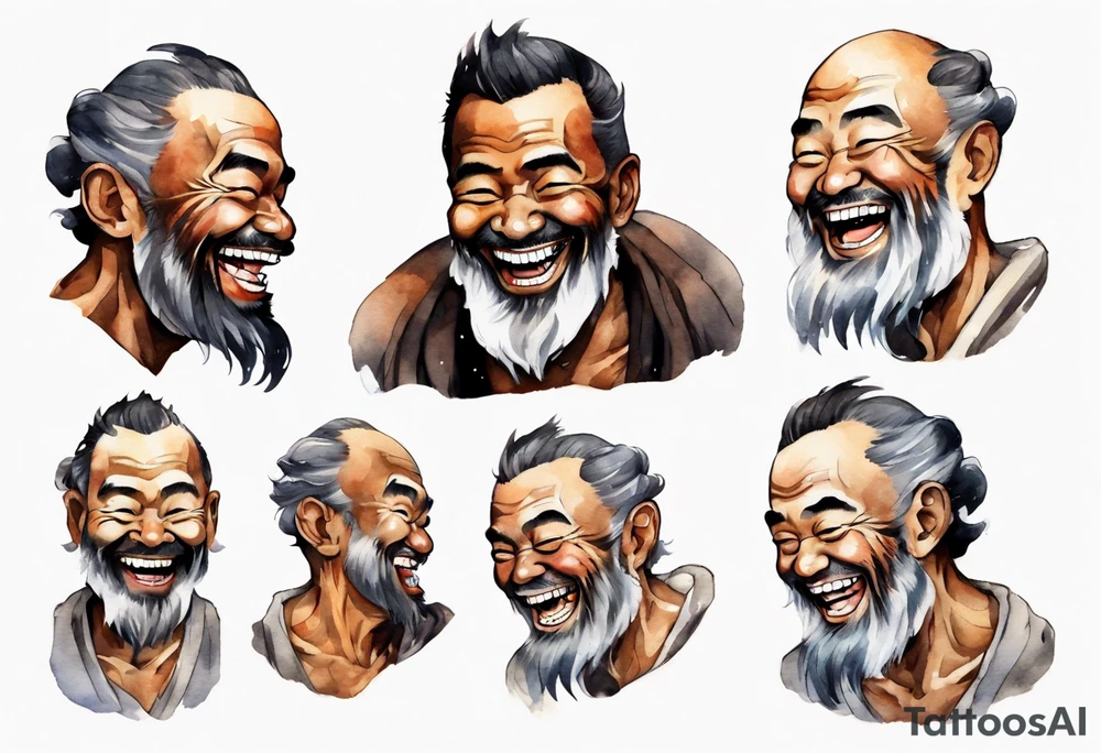 a solitary large man with brown skin with a grey beard laughing tattoo idea