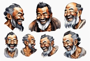 a solitary large man with brown skin with a grey beard laughing tattoo idea