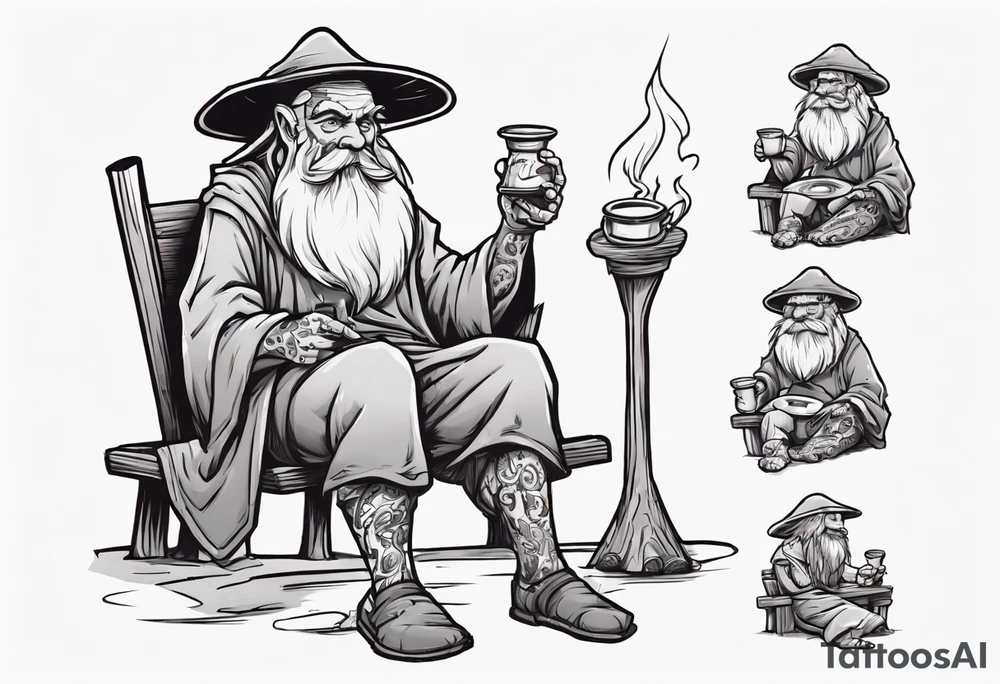 a medieval human-mushroom hybrid with a long grey beard wearing a tunic and a floppy hat sitting on a bench by a fireplace drinking from a wood cup, smiling tattoo idea