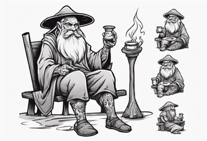 a medieval human-mushroom hybrid with a long grey beard wearing a tunic and a floppy hat sitting on a bench by a fireplace drinking from a wood cup, smiling tattoo idea