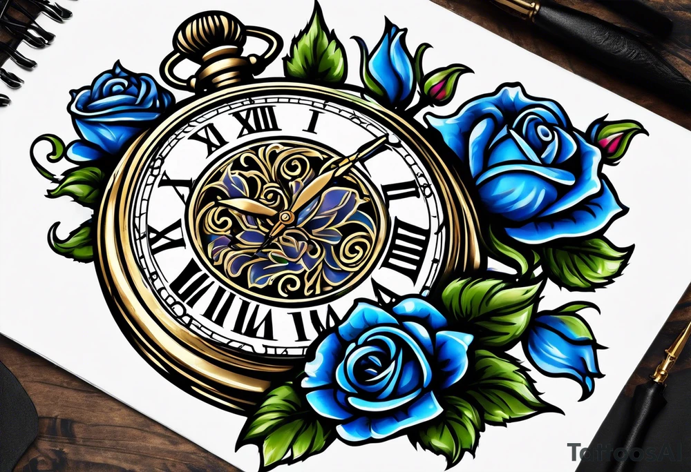 Pocket watch with blue roses tattoo idea