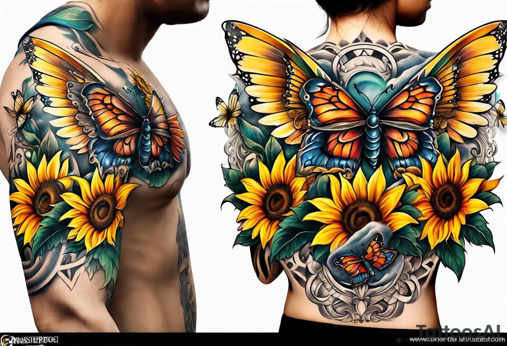 Sleeve with angel wings, sunflower and butterfly tattoo idea