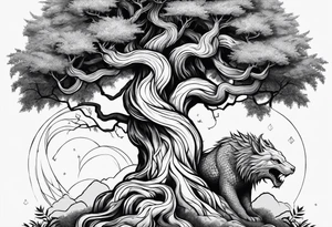 norse mythology world serpent wrap around giant tree tattoo design tattoo idea