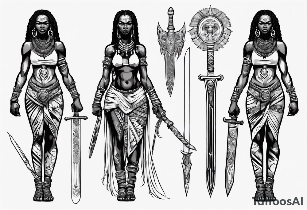 African female full body valkyre slim face holding out sword in both hands tattoo idea